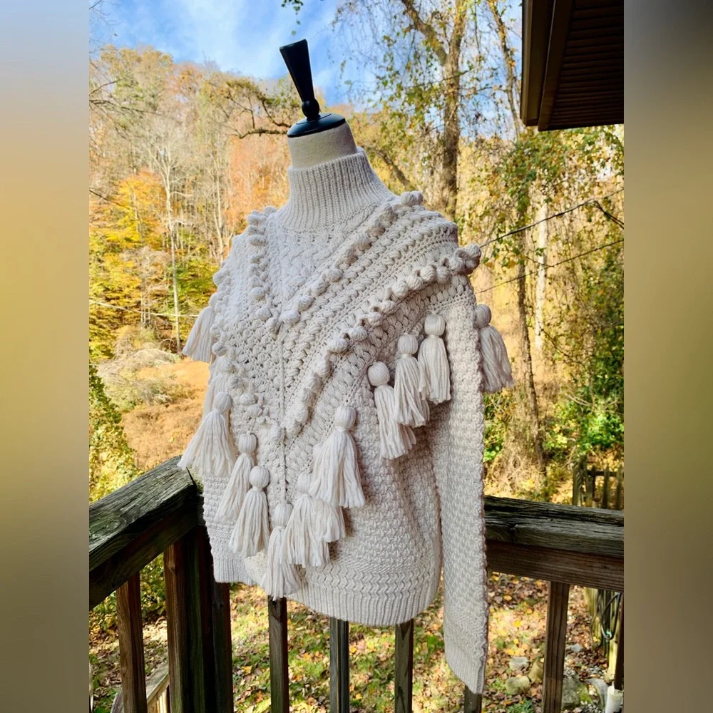 SOLD-Zimmermann Kaleidoscope Natural Crochet Tassel Pom Embellished Wool Sweater - Picture 4 of 9